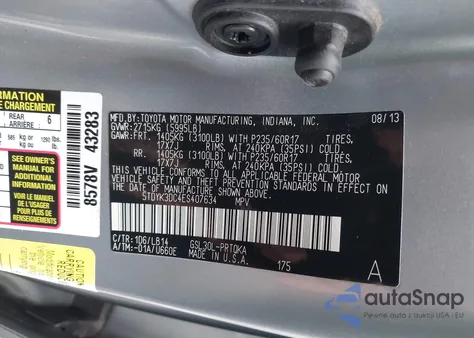 2014 Toyota Sienna Xle V6 8 Passenger z USA, uszkodzony, nr VIN 5TDYK3DC4ES407634